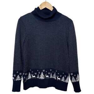 L.L. Bean Cotton Cashmere Blend Medium Petite Winter Scene Turtleneck Sweater